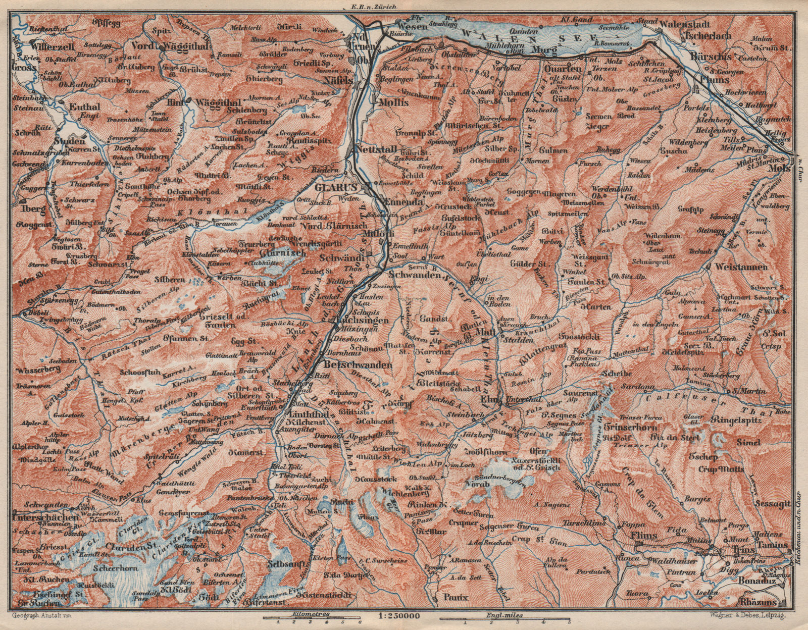 GLARUS CANTON. Flums Braunwald Flims Näfels Walen See Linththal 1897 old map